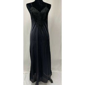 Vintage ILGWU Black Slip Lace Shiny Long Spaghetti Straps Nightie Medium